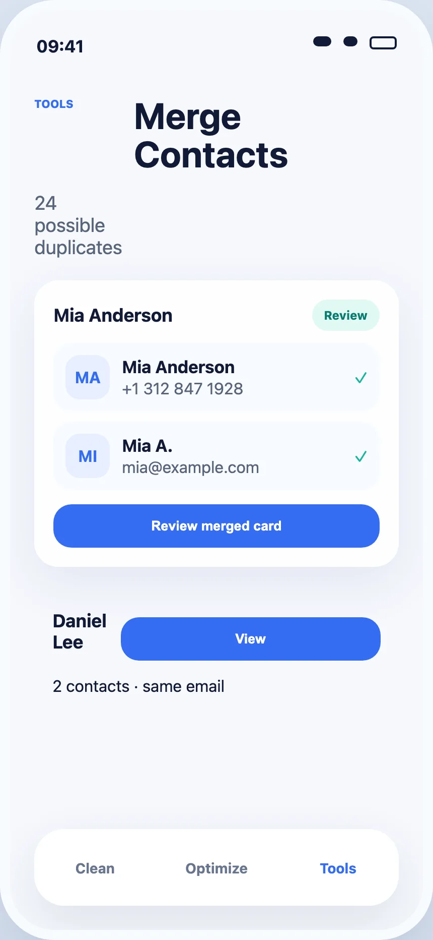 Duplicate contact review in PureClean AI