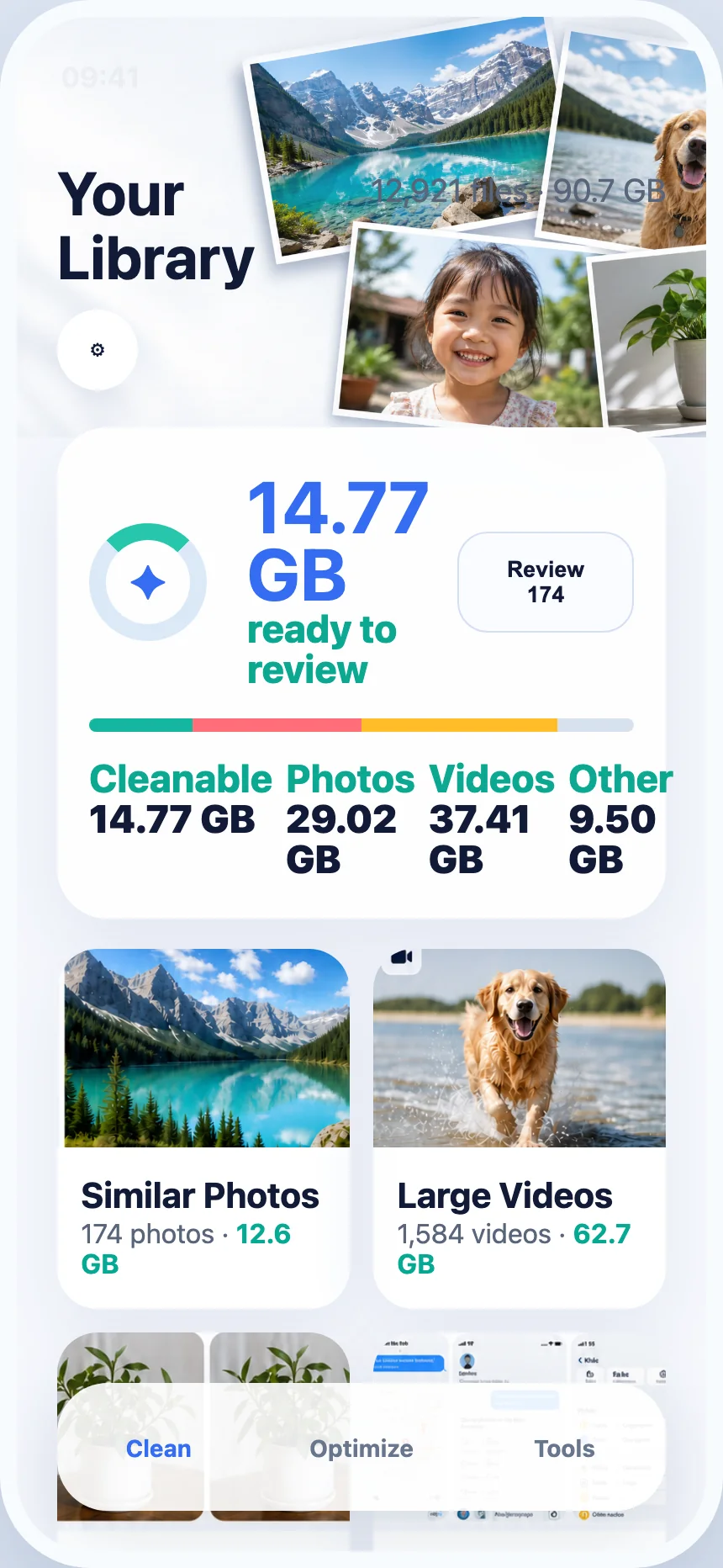 PureClean AI storage dashboard showing photo and video categories in English