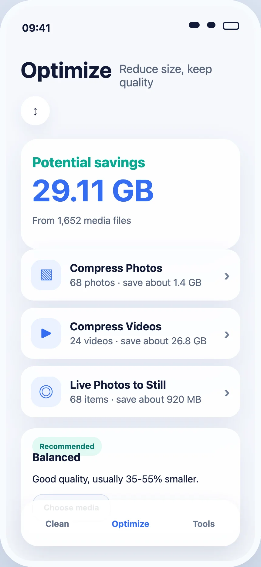Photo and video compression screen in PureClean AI