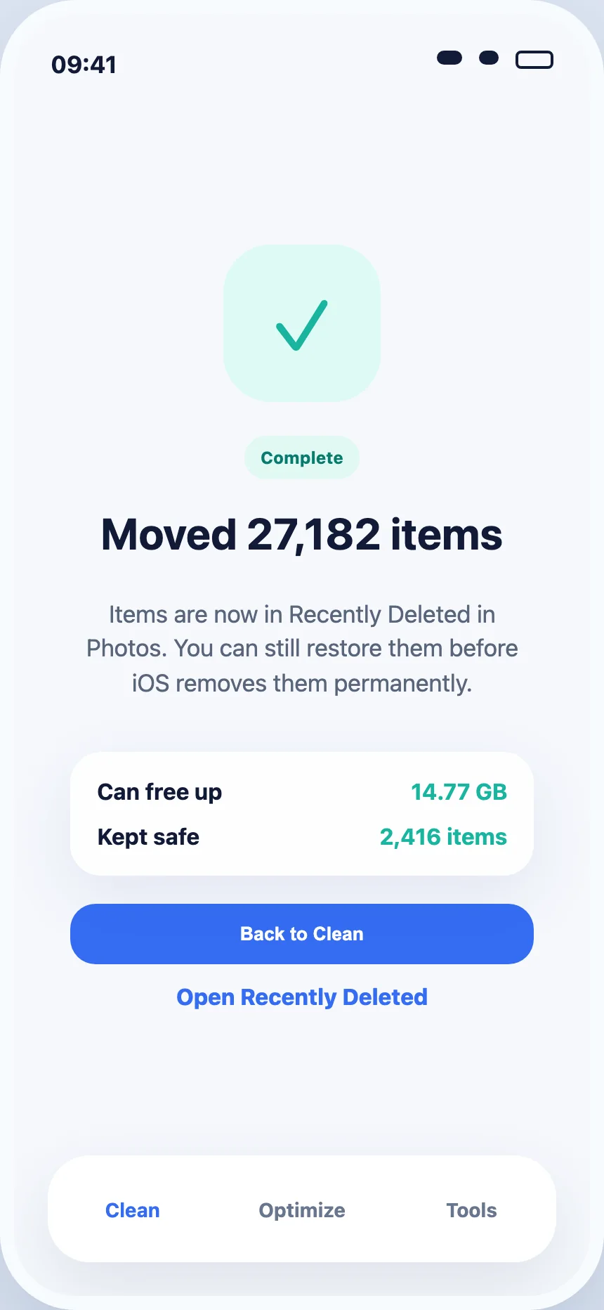 PureClean AI cleanup result screen in English