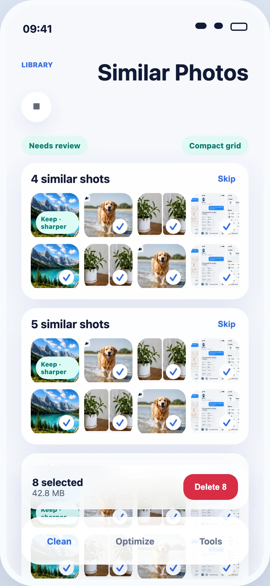 Compact grid review mode in PureClean AI