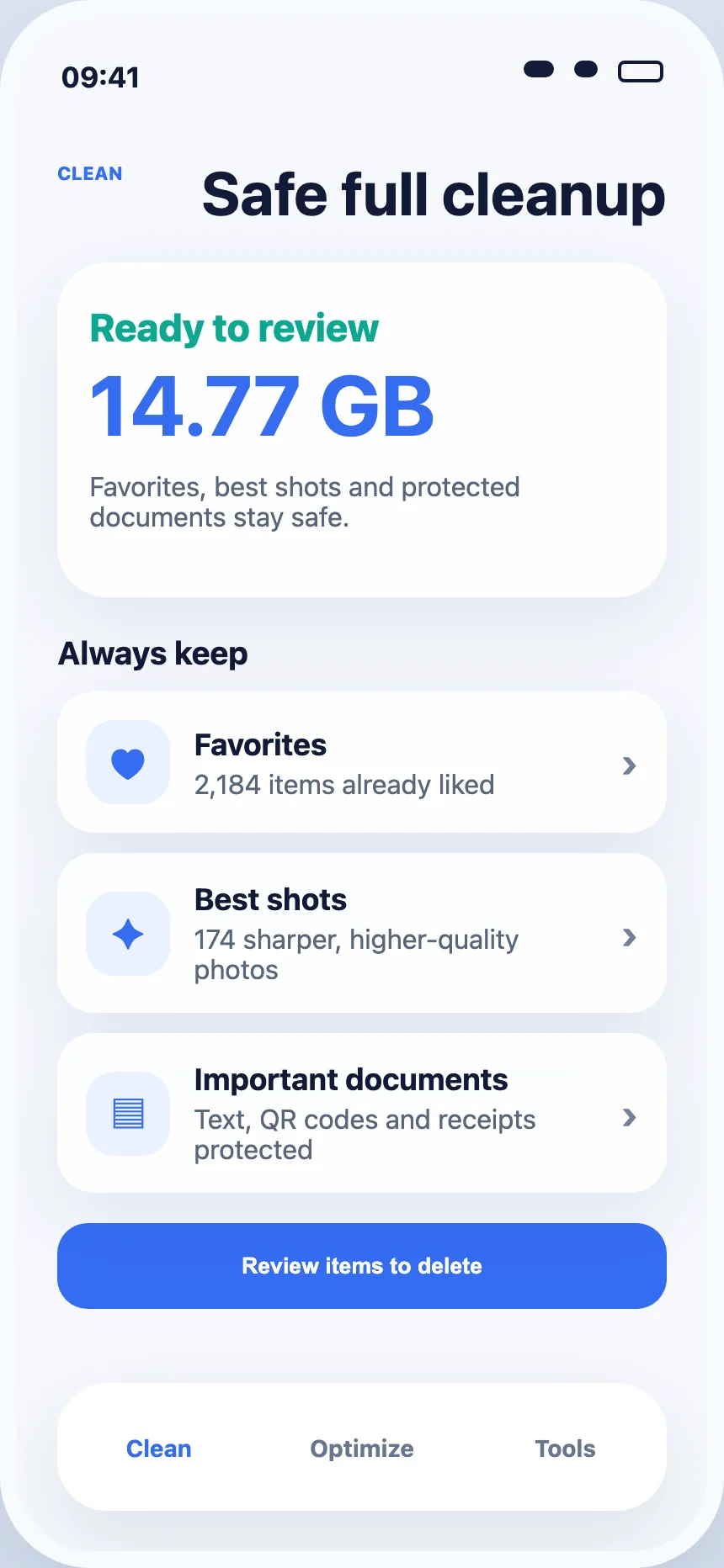 Safe full cleanup review screen in PureClean AI
