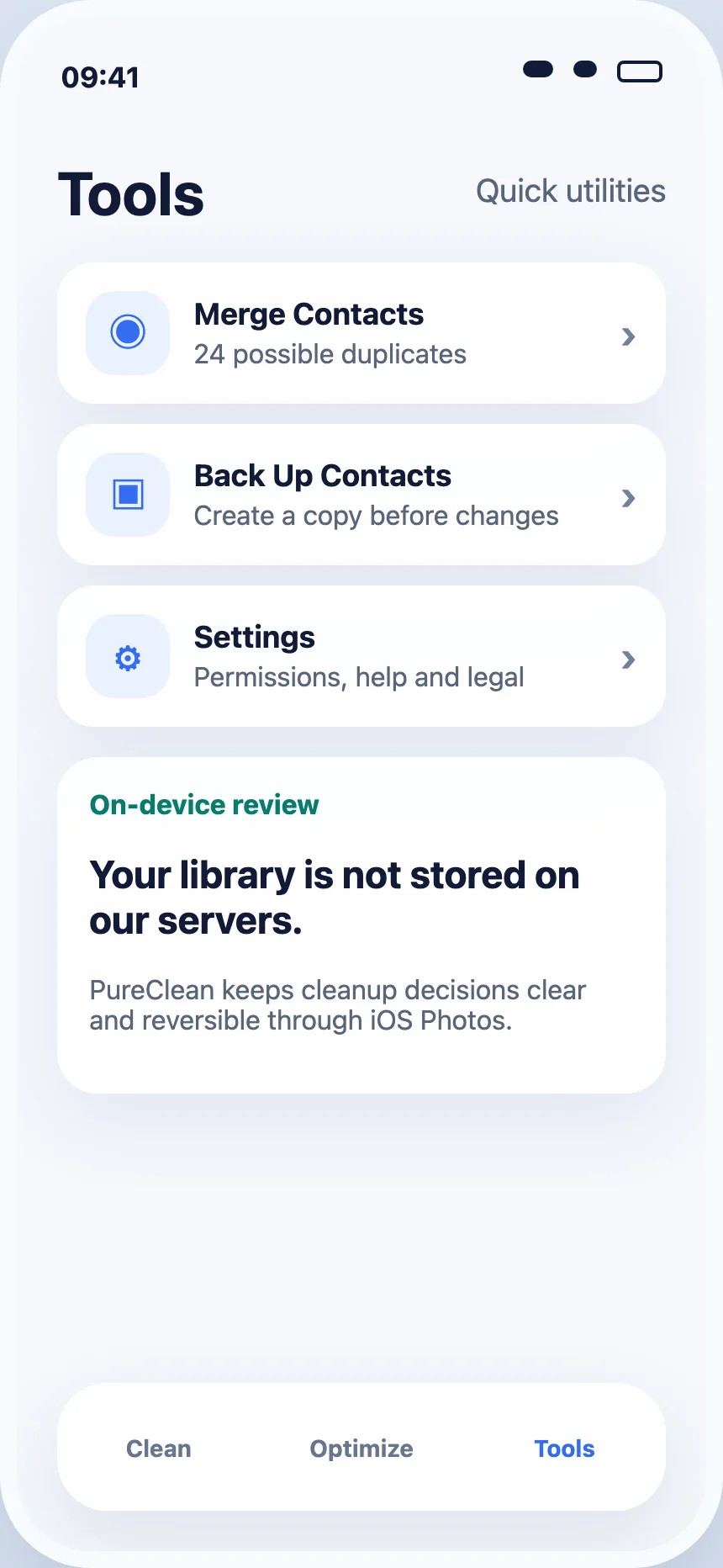 Tools screen in PureClean AI